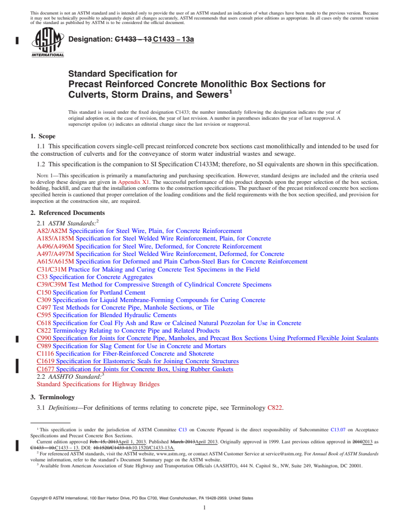 REDLINE ASTM C1433-13a - Standard Specification for  Precast Reinforced Concrete Monolithic Box Sections for Culverts,   Storm Drains, and Sewers