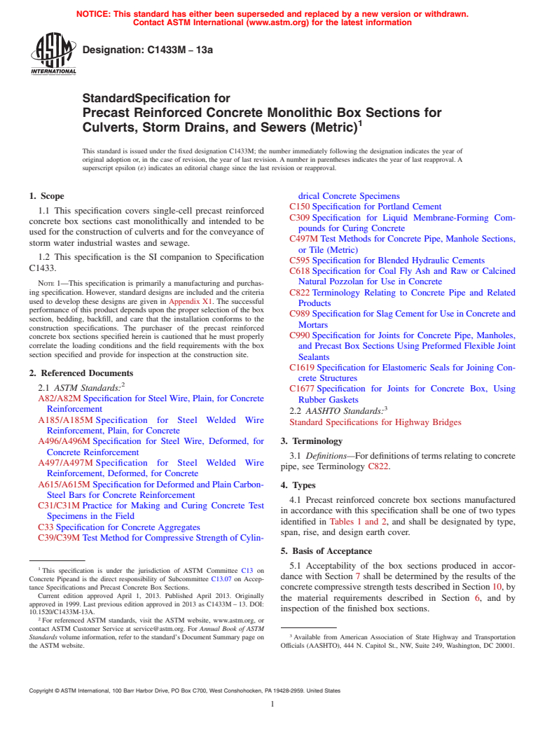 ASTM C1433M-13a - Standard Specification for  Precast Reinforced Concrete Monolithic Box Sections for Culverts,   Storm Drains, and Sewers (Metric)