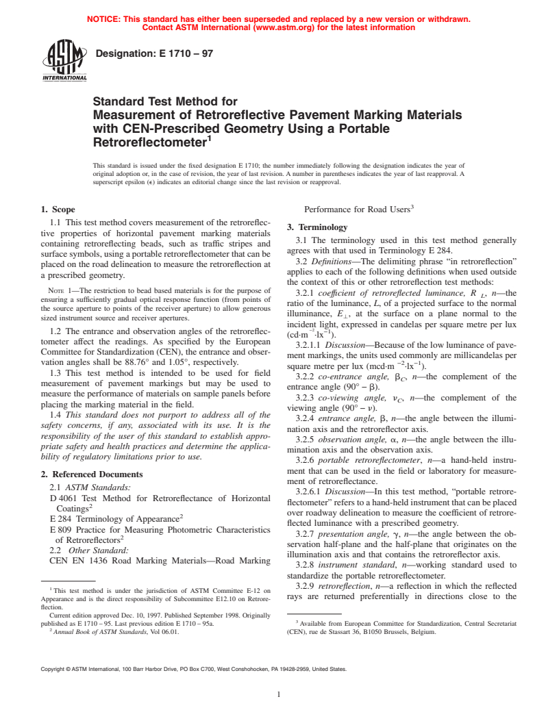 ASTM E1710-97 - Standard Test Method for Measurement of Retroreflective Pavement Marking Materials with CEN-Prescribed Geometry Using a Portable Retroreflectometer