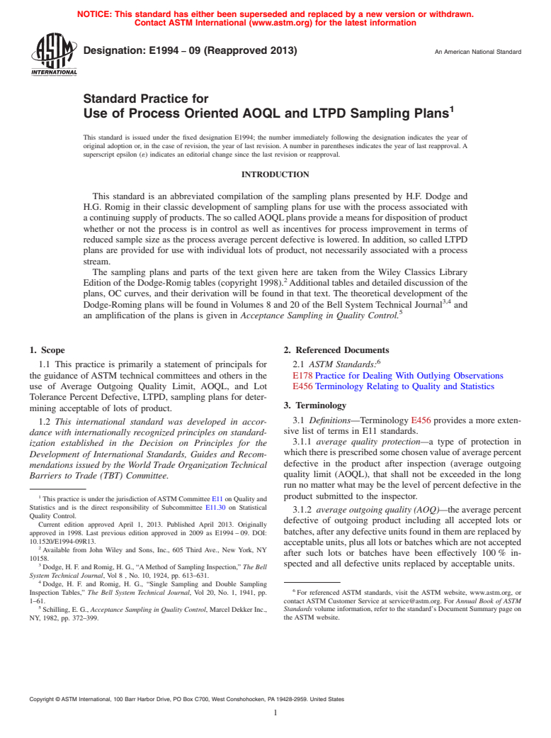 ASTM E1994-09(2013) - Standard Practice for  Use of Process Oriented AOQL and LTPD Sampling Plans