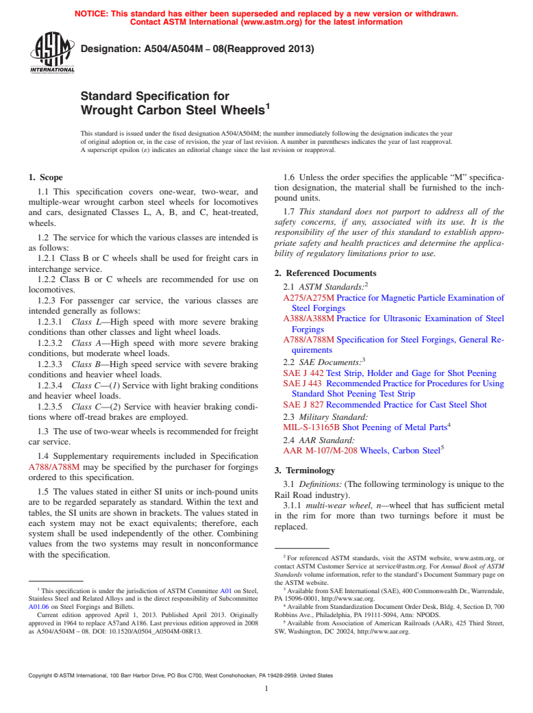 ASTM A504/A504M-08(2013) - Standard Specification for  Wrought Carbon Steel Wheels