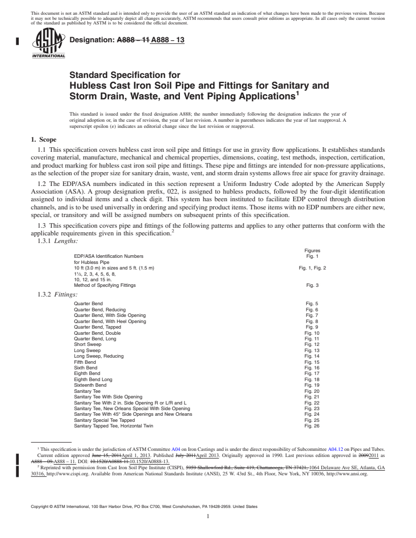 REDLINE ASTM A888-13 - Standard Specification for Hubless Cast Iron Soil Pipe and Fittings for Sanitary and Storm   Drain, Waste, and Vent Piping Applications