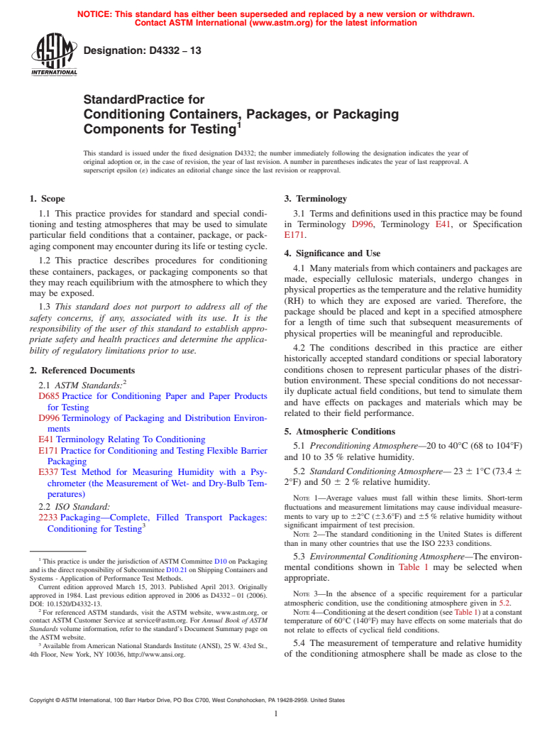 ASTM D4332-13 - Standard Practice for  Conditioning Containers, Packages, or Packaging Components   for Testing