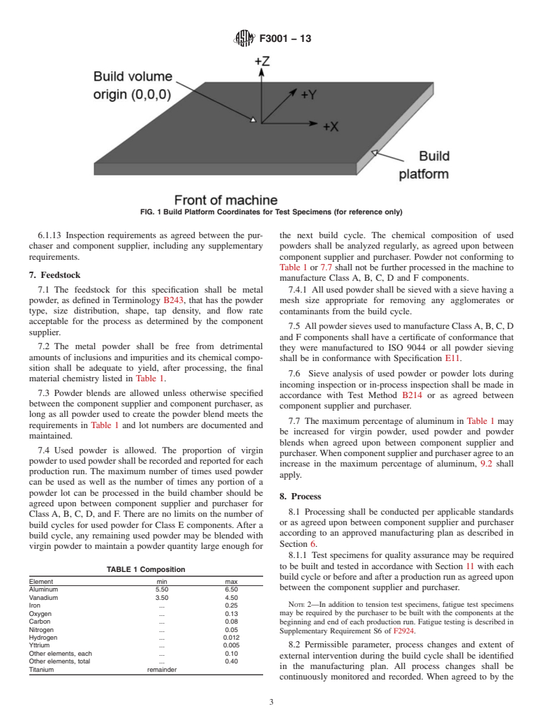 ASTM F3001-13 - Standard Specification for Additive Manufacturing Titanium-6 Aluminum-4 Vanadium ELI (Extra  Low Interstitial) with Powder Bed Fusion