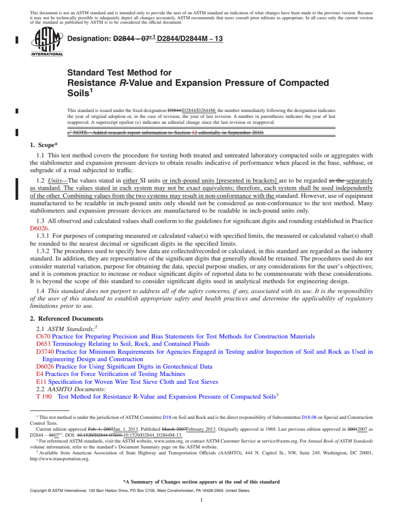 REDLINE ASTM D2844/D2844M-13 - Standard Test Method for Resistance <i>R</i>-Value and Expansion Pressure of Compacted Soils