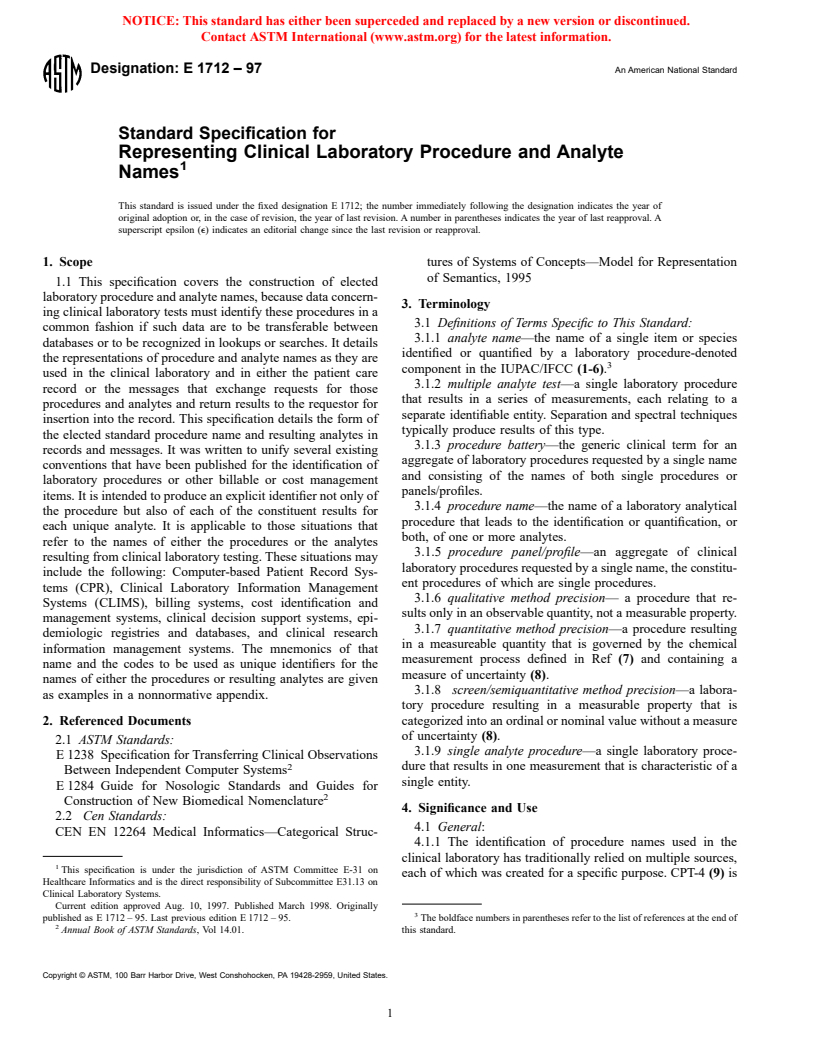 ASTM E1712-97 - Standard Specification for Representing Clinical Laboratory Test and Analyte Names (Withdrawn 2003)