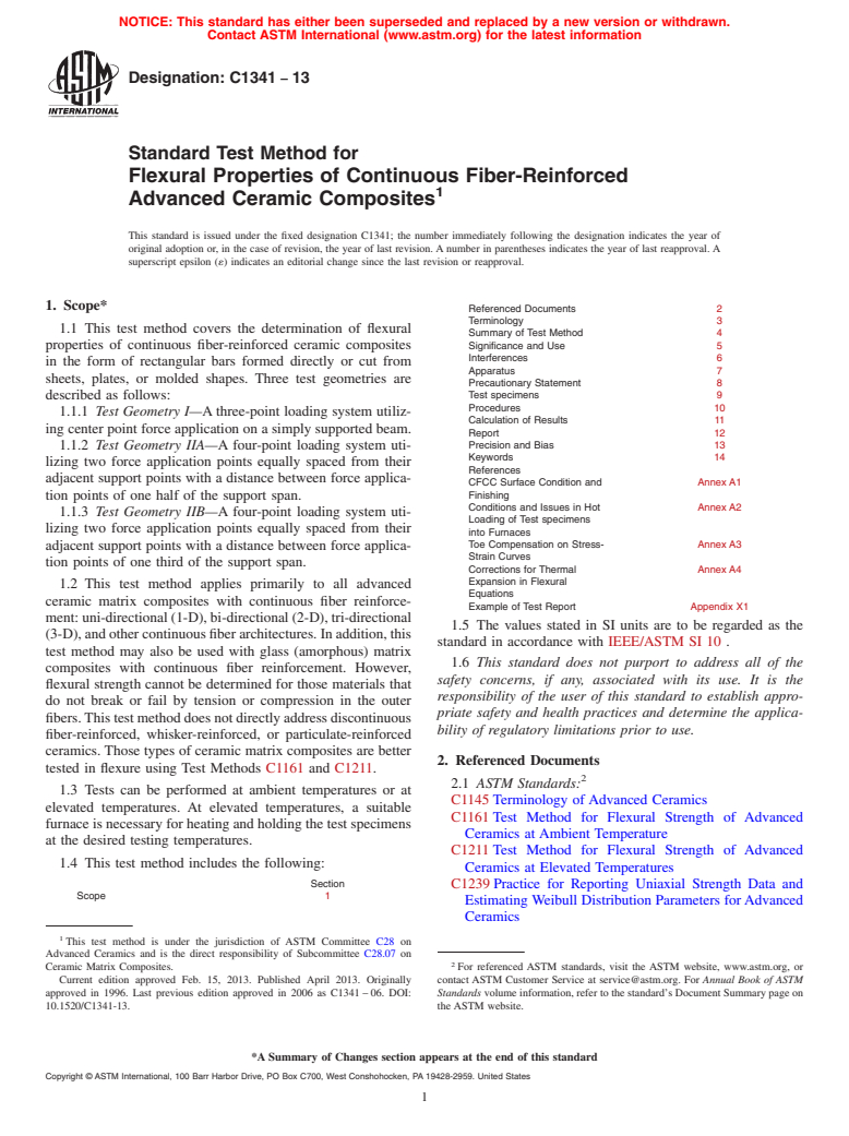 ASTM C1341-13 - Standard Test Method for  Flexural Properties of Continuous Fiber-Reinforced Advanced   Ceramic Composites