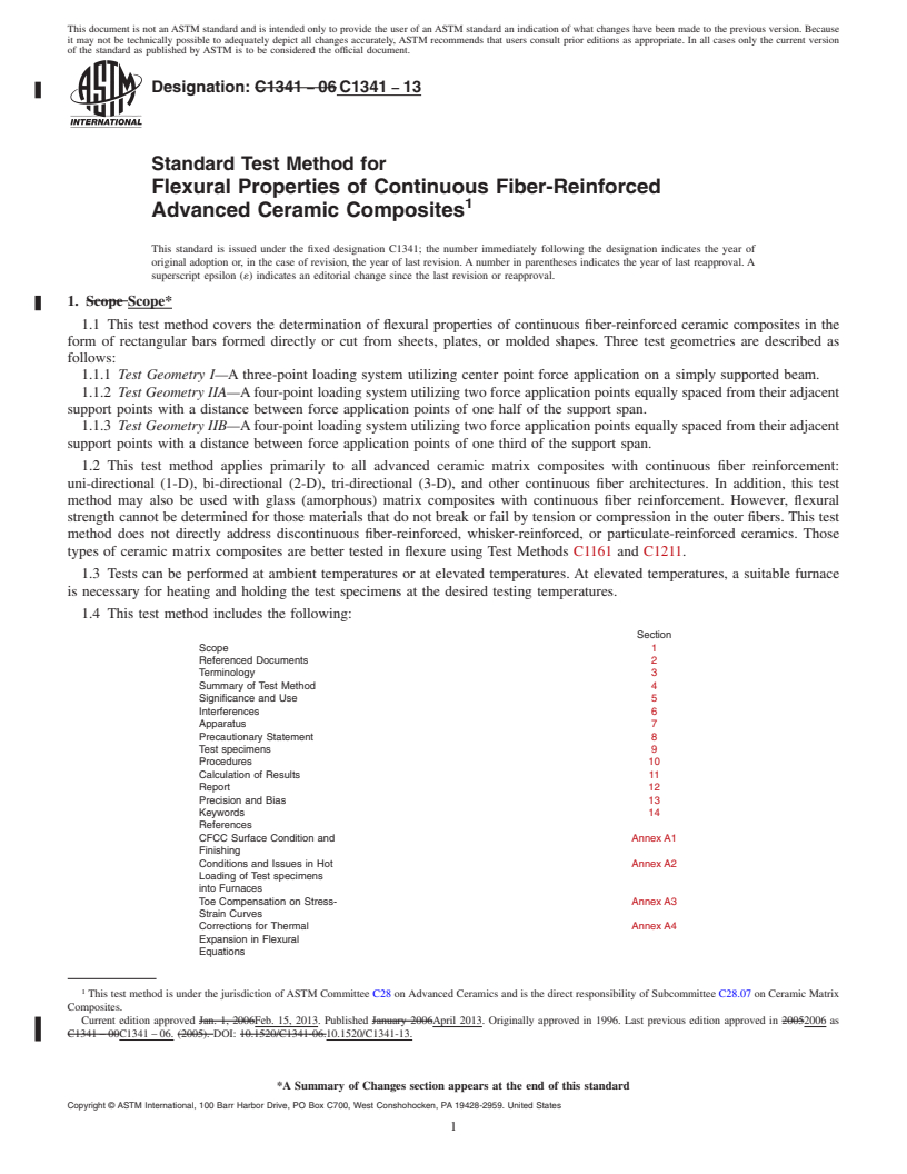 REDLINE ASTM C1341-13 - Standard Test Method for  Flexural Properties of Continuous Fiber-Reinforced Advanced   Ceramic Composites