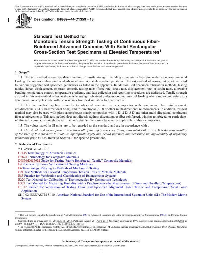 REDLINE ASTM C1359-13 - Standard Test Method for  Monotonic Tensile Strength Testing of Continuous Fiber-Reinforced   Advanced Ceramics With Solid Rectangular Cross-Section Test Specimens   at Elevated Temperatures