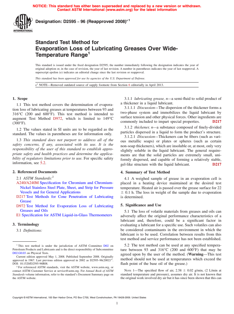 ASTM D2595-96(2008)e1 - Standard Test Method for Evaporation Loss of Lubricating Greases Over Wide-Temperature  Range (Withdrawn 2017)