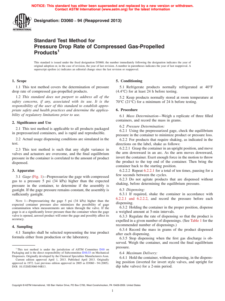 ASTM D3060-94(2013) - Standard Test Method for  Pressure Drop Rate of Compressed Gas-Propelled Products (Withdrawn 2022)