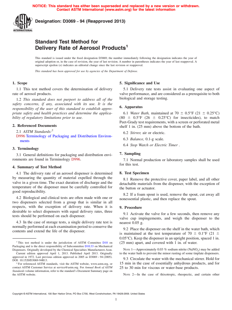 ASTM D3069-94(2013) - Standard Test Method for  Delivery Rate of Aerosol Products (Withdrawn 2022)