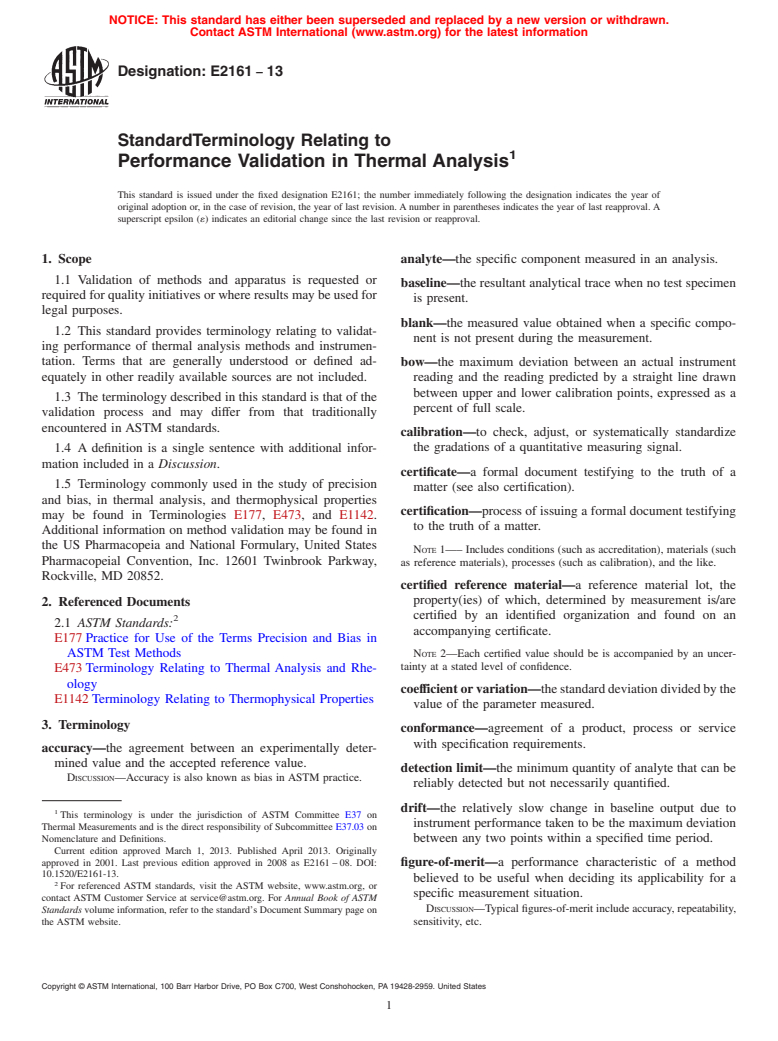 ASTM E2161-13 - Standard Terminology Relating to  Performance Validation  in Thermal Analysis