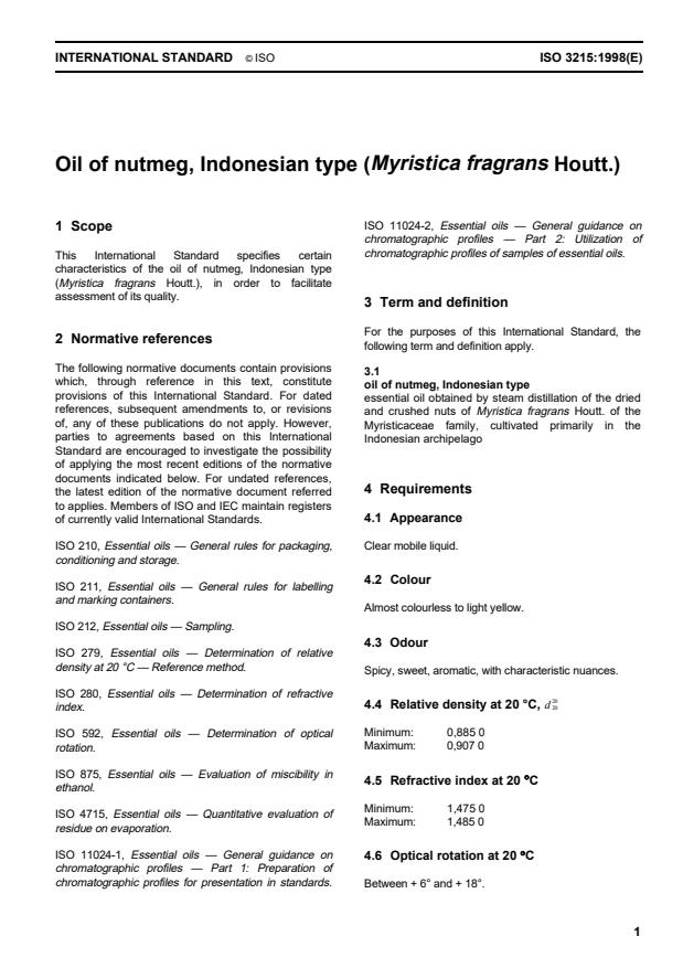 ISO 3215:1998 - Oil of nutmeg, Indonesian type (Myristica fragrans Houtt.)