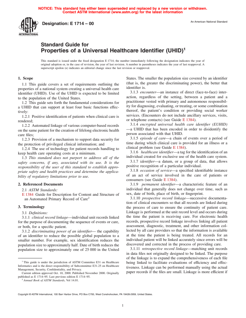 ASTM E1714-00 - Standard Guide for Properties of a Universal Healthcare Identifier (UHID)