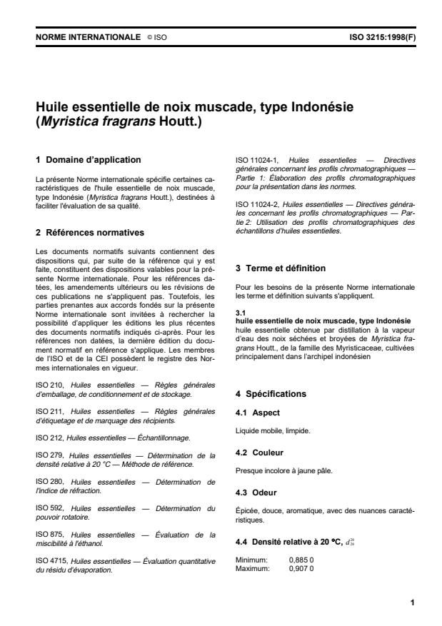 ISO 3215:1998 - Huile essentielle de noix muscade, type Indonésie (Myristica fragrans Houtt.)