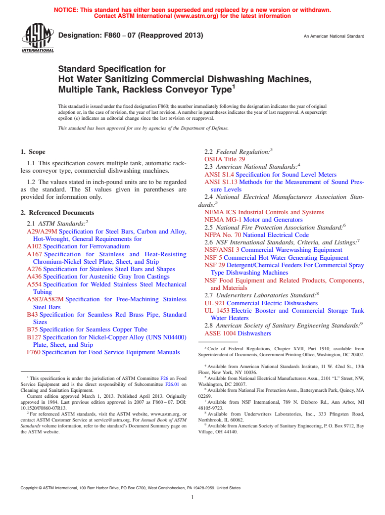 ASTM F860-07(2013) - Standard Specification for  Hot Water Sanitizing Commercial Dishwashing Machines, Multiple  Tank, Rackless Conveyor Type