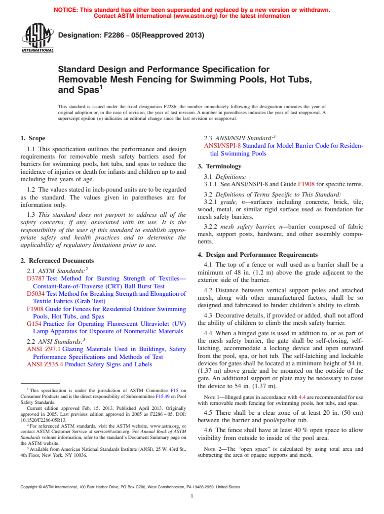 ASTM F2286-05(2013) - Standard Design and Performance Specification for  Removable Mesh Fencing for Swimming Pools, Hot Tubs, and Spas