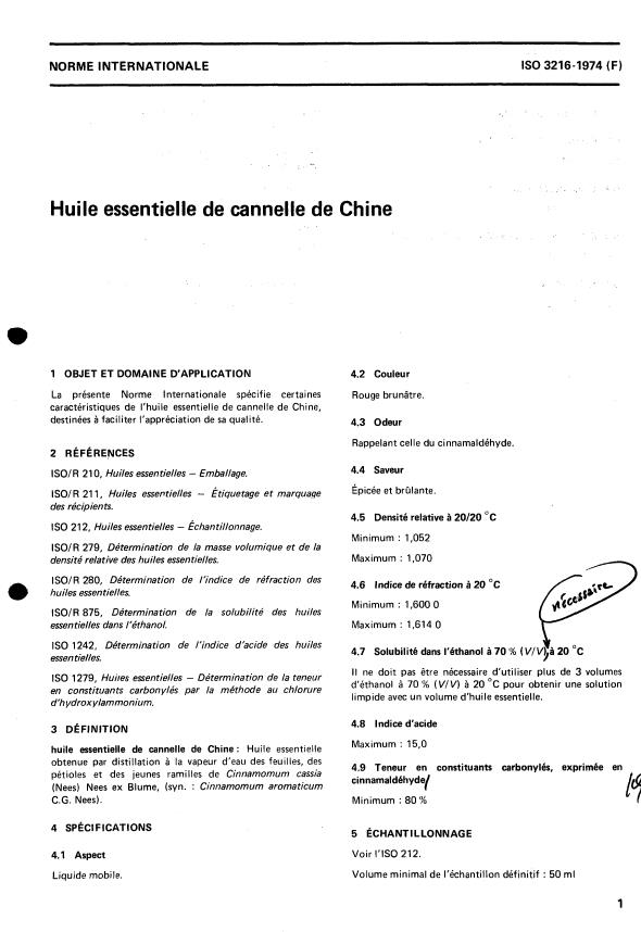 ISO 3216:1974 - Huile essentielle de cannelle de Chine