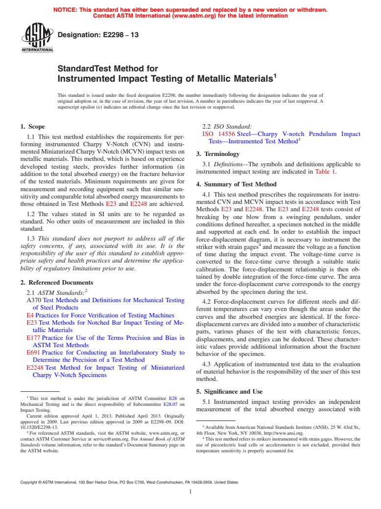 ASTM E2298-13 - Standard Test Method for  Instrumented Impact Testing of Metallic Materials