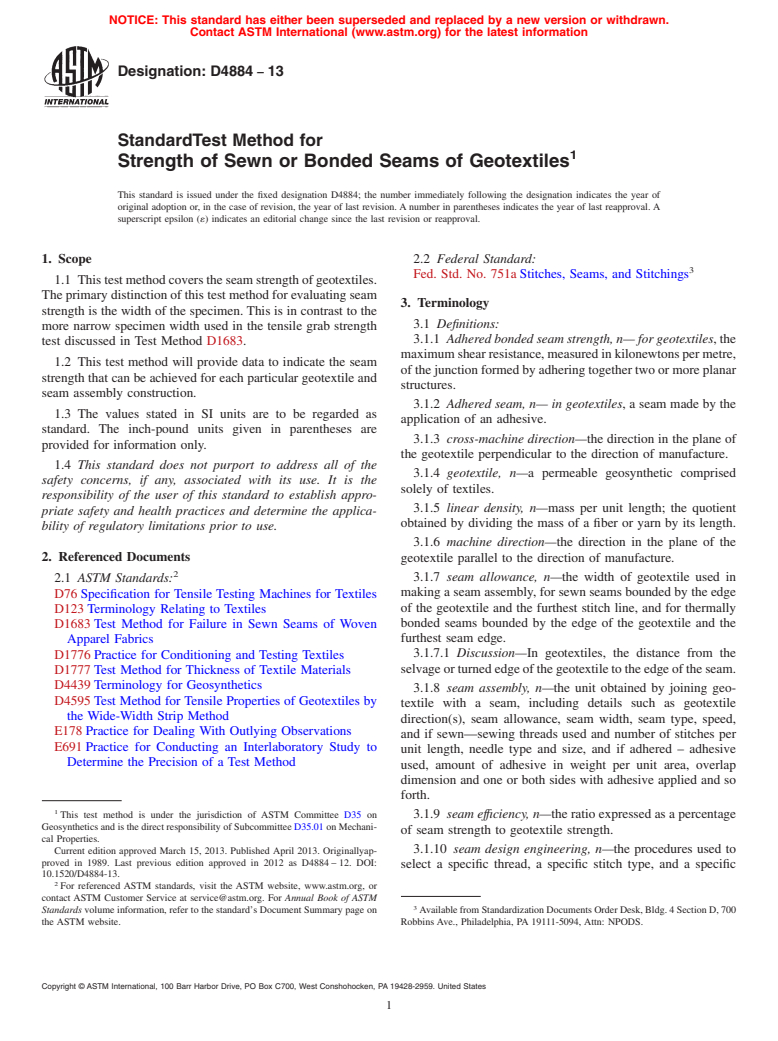 ASTM D4884-13 - Standard Test Method for  Strength of Sewn or Bonded Seams of Geotextiles