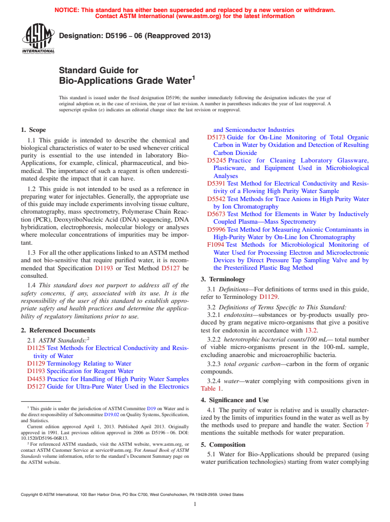 ASTM D5196-06(2013) - Standard Guide for  Bio-Applications Grade Water