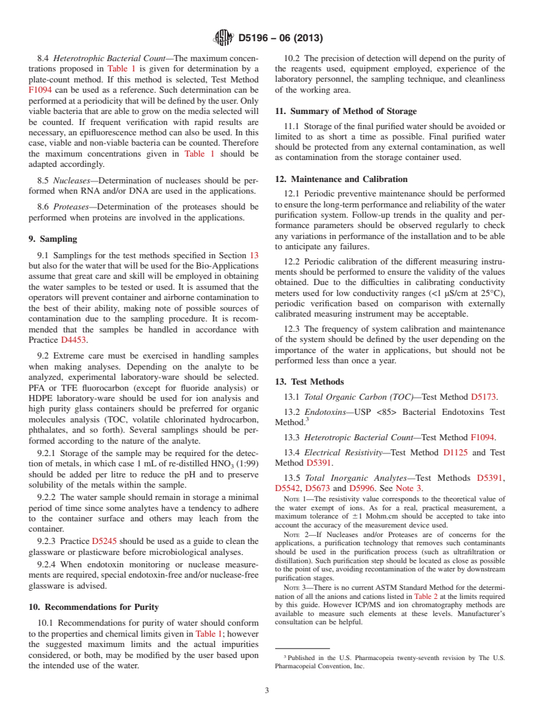 ASTM D5196-06(2013) - Standard Guide for  Bio-Applications Grade Water