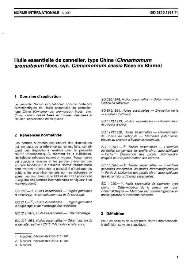 ISO 3216:1997 - Huile essentielle de cannelier type Chine (Cinnamomum aromaticum Nees, syn. Cinnamomum cassia Nees ex Blume)
