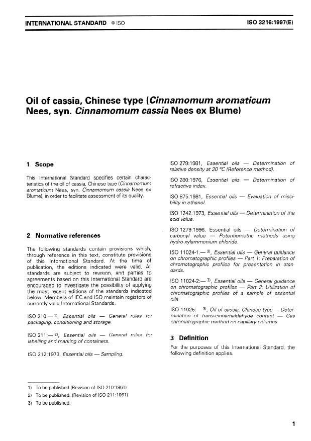 ISO 3216:1997 - Oil of cassia, Chinese type (Cinnamomum aromaticum Nees, syn. Cinnamomum cassia Nees ex Blume)