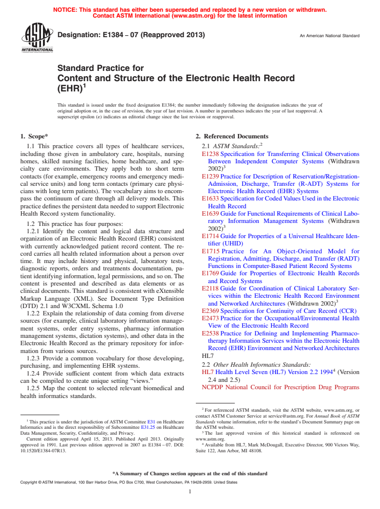 ASTM E1384-07(2013) - Standard Practice for  Content and Structure of the Electronic Health Record (EHR) (Withdrawn 2017)