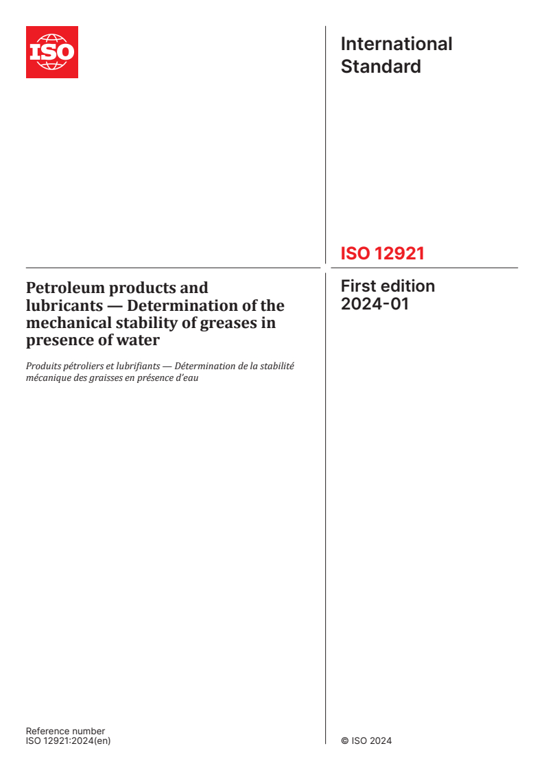 ISO 12921:2024 ISO 12921:2024 - Petroleum products and lubricants — Determination of the mechanical stability of greases in presence of water
Released:10. 01. 2024