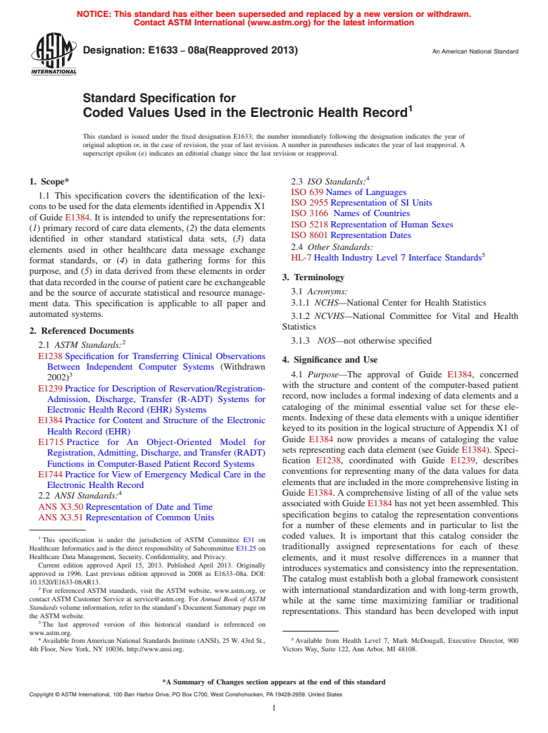 ASTM E1633-08a(2013) - Standard Specification for  Coded Values Used in the Electronic Health Record