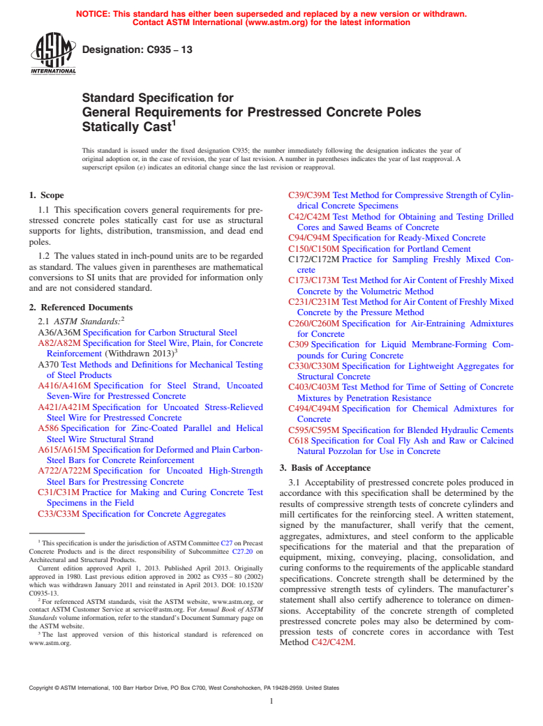 ASTM C935-13 - Standard Specification for General Requirements for Prestressed Concrete Poles Statically Cast