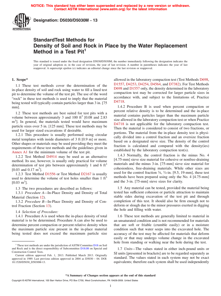 ASTM D5030/D5030M-13 - Standard Test Methods for Density of Soil and Rock in Place by the Water Replacement Method in a Test Pit