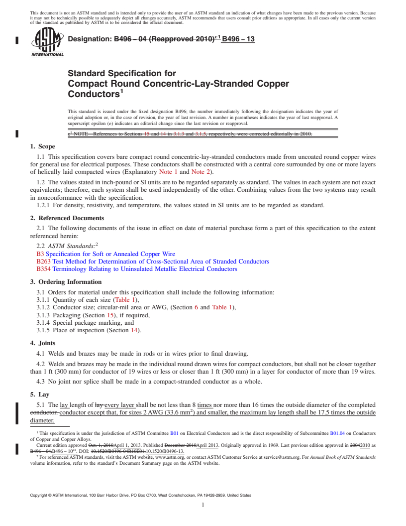 REDLINE ASTM B496-13 - Standard Specification for Compact Round Concentric-Lay-Stranded Copper Conductors