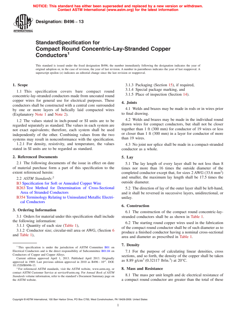 ASTM B496-13 - Standard Specification for Compact Round Concentric-Lay-Stranded Copper Conductors