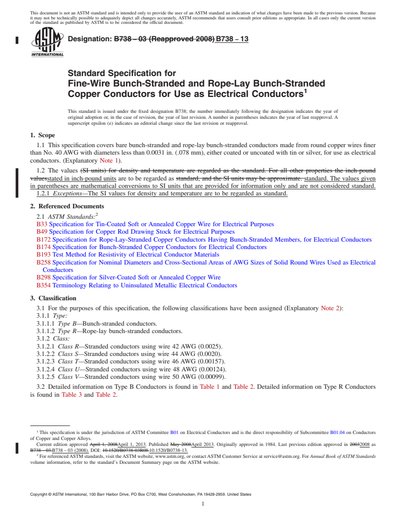 REDLINE ASTM B738-13 - Standard Specification for Fine-Wire Bunch-Stranded and Rope-Lay Bunch-Stranded Copper   Conductors for Use as Electrical Conductors