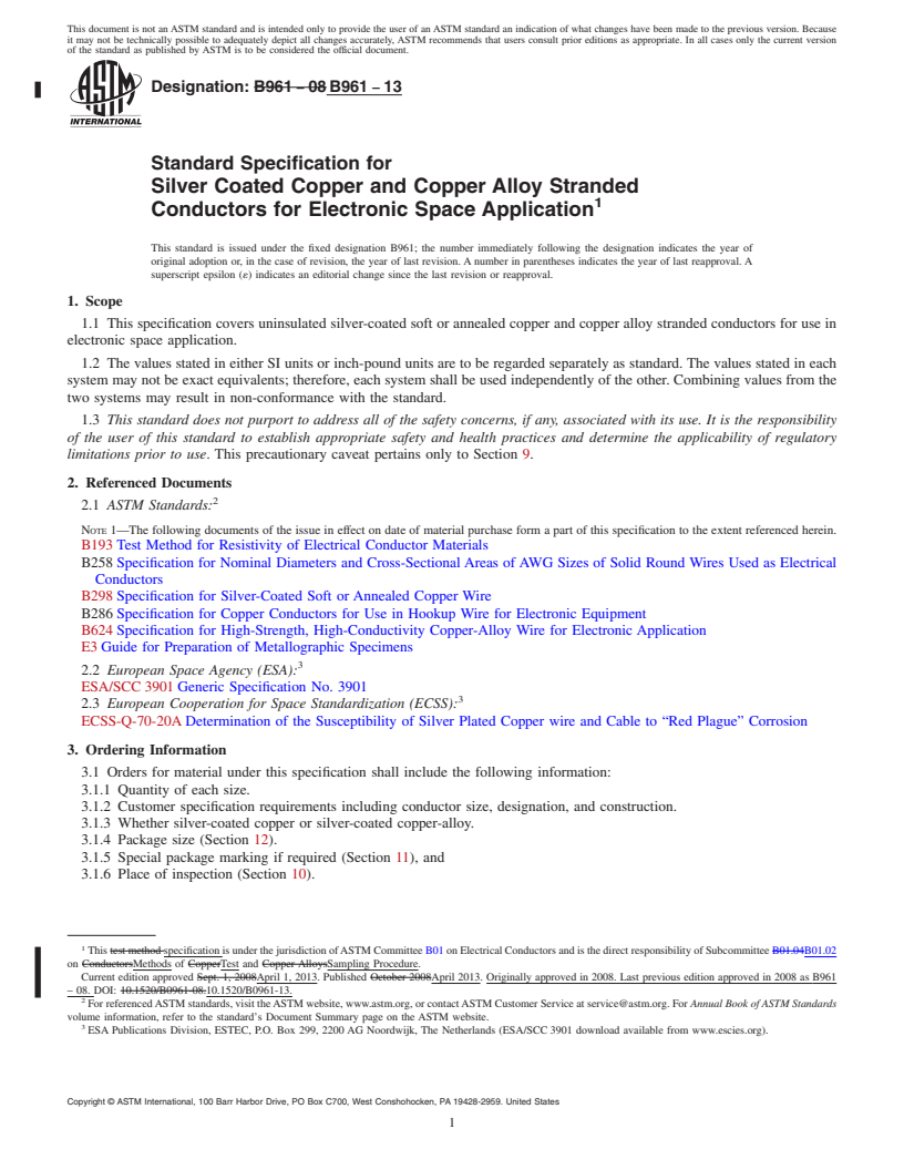 REDLINE ASTM B961-13 - Standard Specification for Silver Coated Copper and Copper Alloy Stranded Conductors for  Electronic Space Application