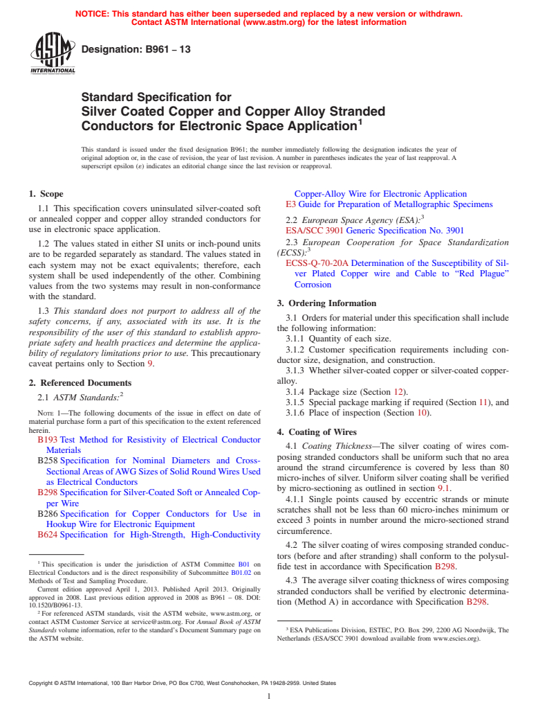 ASTM B961-13 - Standard Specification for Silver Coated Copper and Copper Alloy Stranded Conductors for  Electronic Space Application