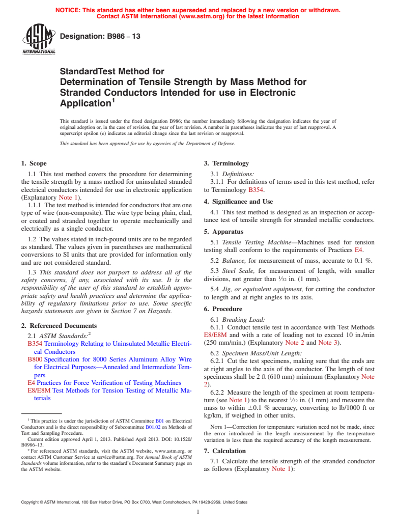 ASTM B986-13 - Standard Test Method for Determination of Tensile Strength by Mass Method for Stranded  Conductors Intended for use in Electronic Application