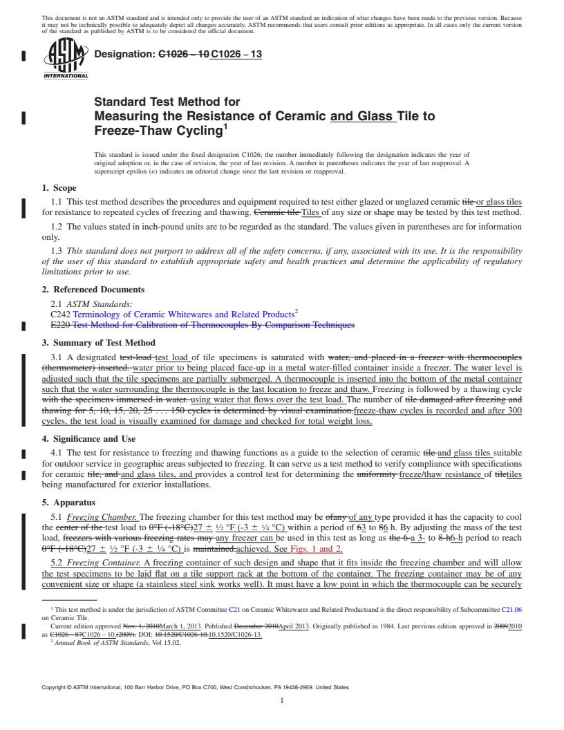 REDLINE ASTM C1026-13 - Standard Test Method for  Measuring the Resistance of Ceramic and Glass Tile to Freeze-Thaw  Cycling