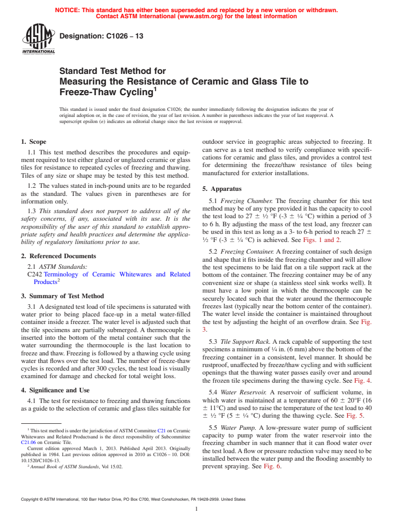 ASTM C1026-13 - Standard Test Method for  Measuring the Resistance of Ceramic and Glass Tile to Freeze-Thaw  Cycling