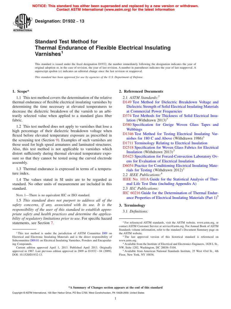 ASTM D1932-13 - Standard Test Method for  Thermal Endurance of Flexible Electrical Insulating Varnishes