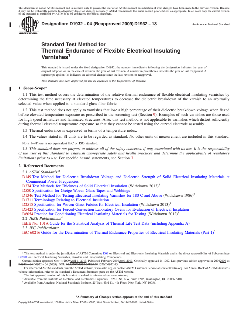 REDLINE ASTM D1932-13 - Standard Test Method for  Thermal Endurance of Flexible Electrical Insulating Varnishes