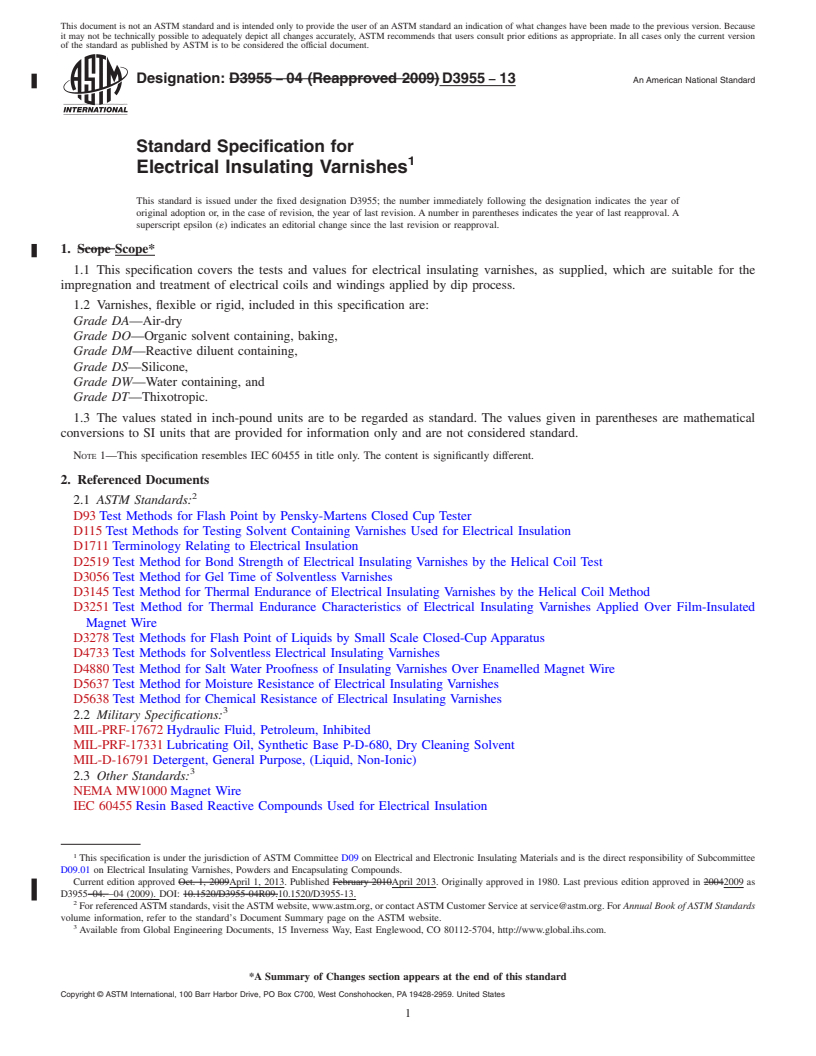 REDLINE ASTM D3955-13 - Standard Specification for  Electrical Insulating Varnishes