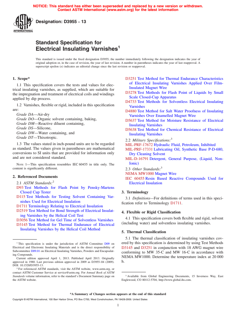 ASTM D3955-13 - Standard Specification for  Electrical Insulating Varnishes