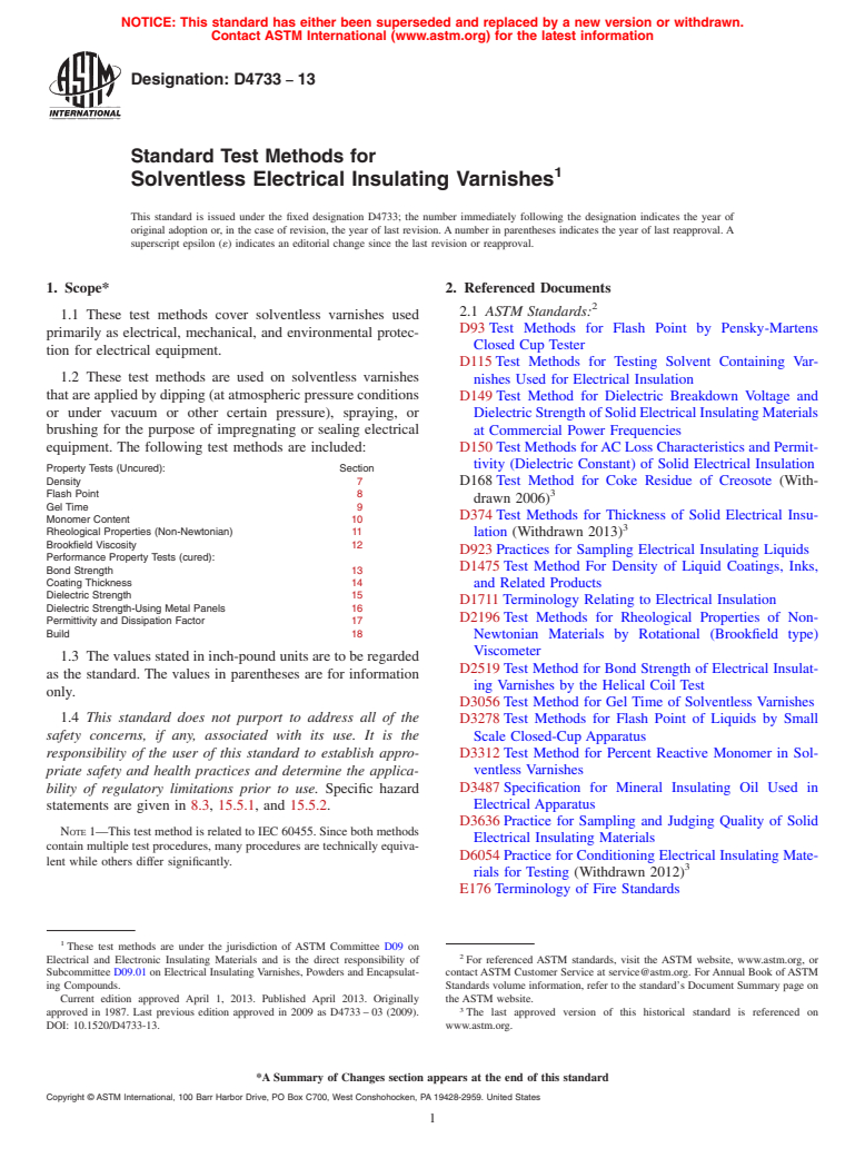 ASTM D4733-13 - Standard Test Methods for  Solventless Electrical Insulating Varnishes