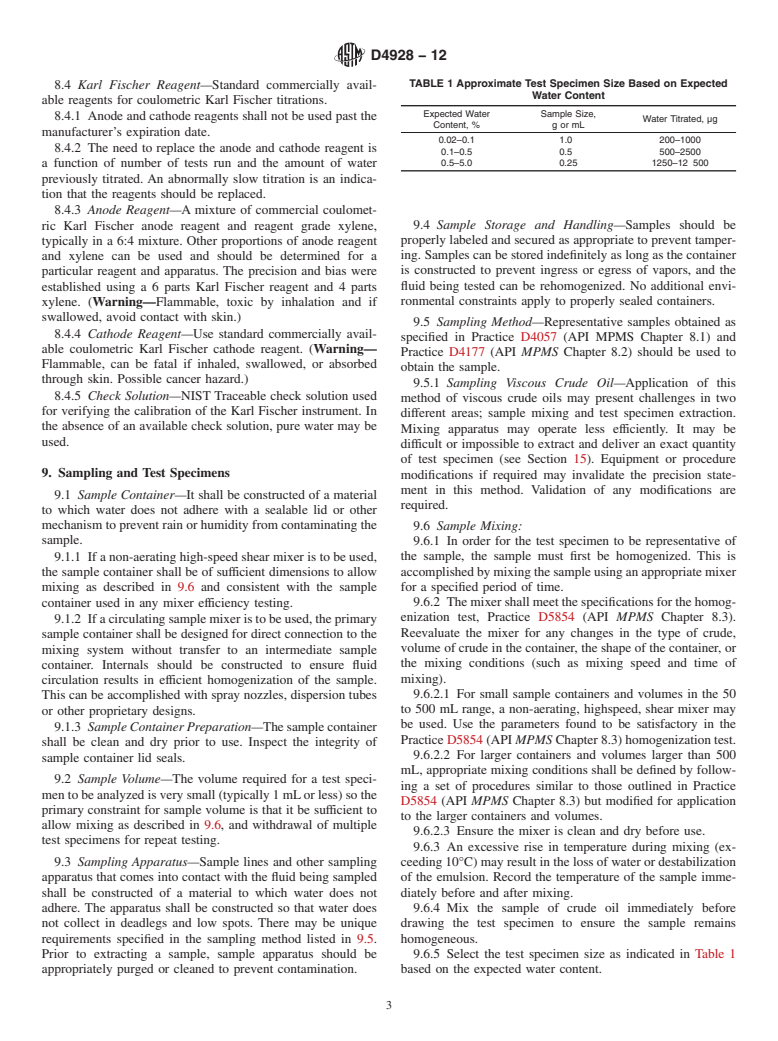 ASTM D4928-12 - Standard Test Method for Water in Crude Oils by Coulometric Karl Fischer Titration