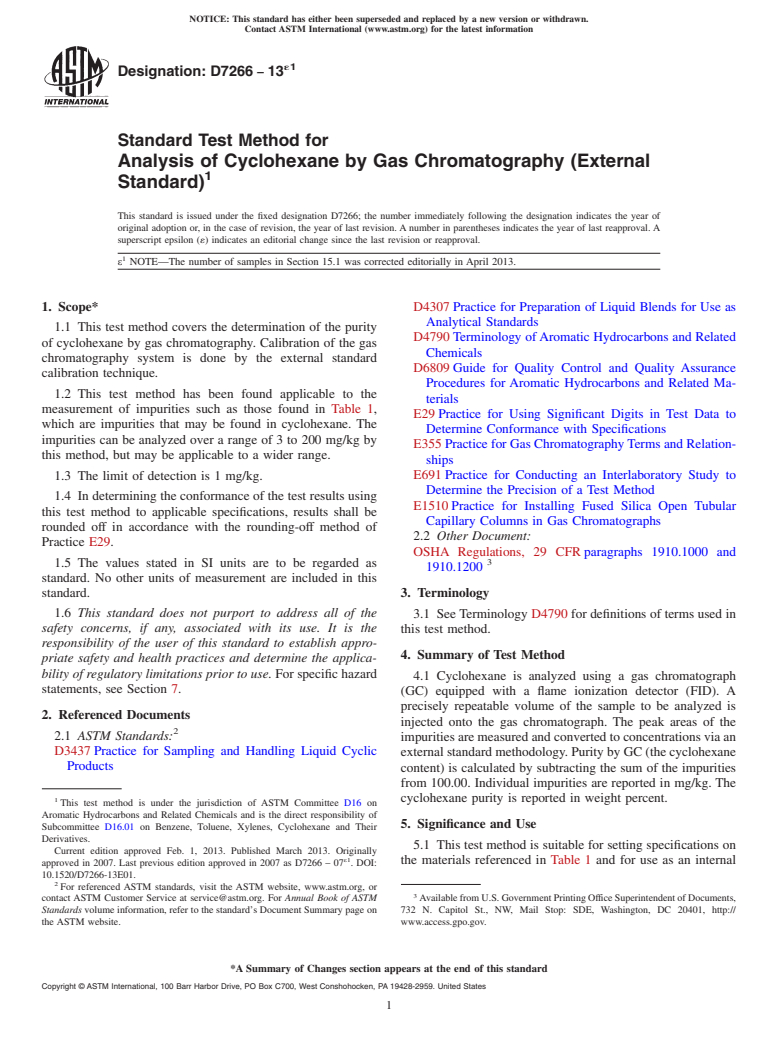 ASTM D7266-13e1 - Standard Test Method for Analysis of Cyclohexane by Gas Chromatography (External Standard)