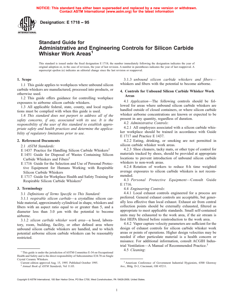 ASTM E1718-95 - Standard Guide for Administrative and Engineering Controls for Silicon Carbide Whisker Work Areas